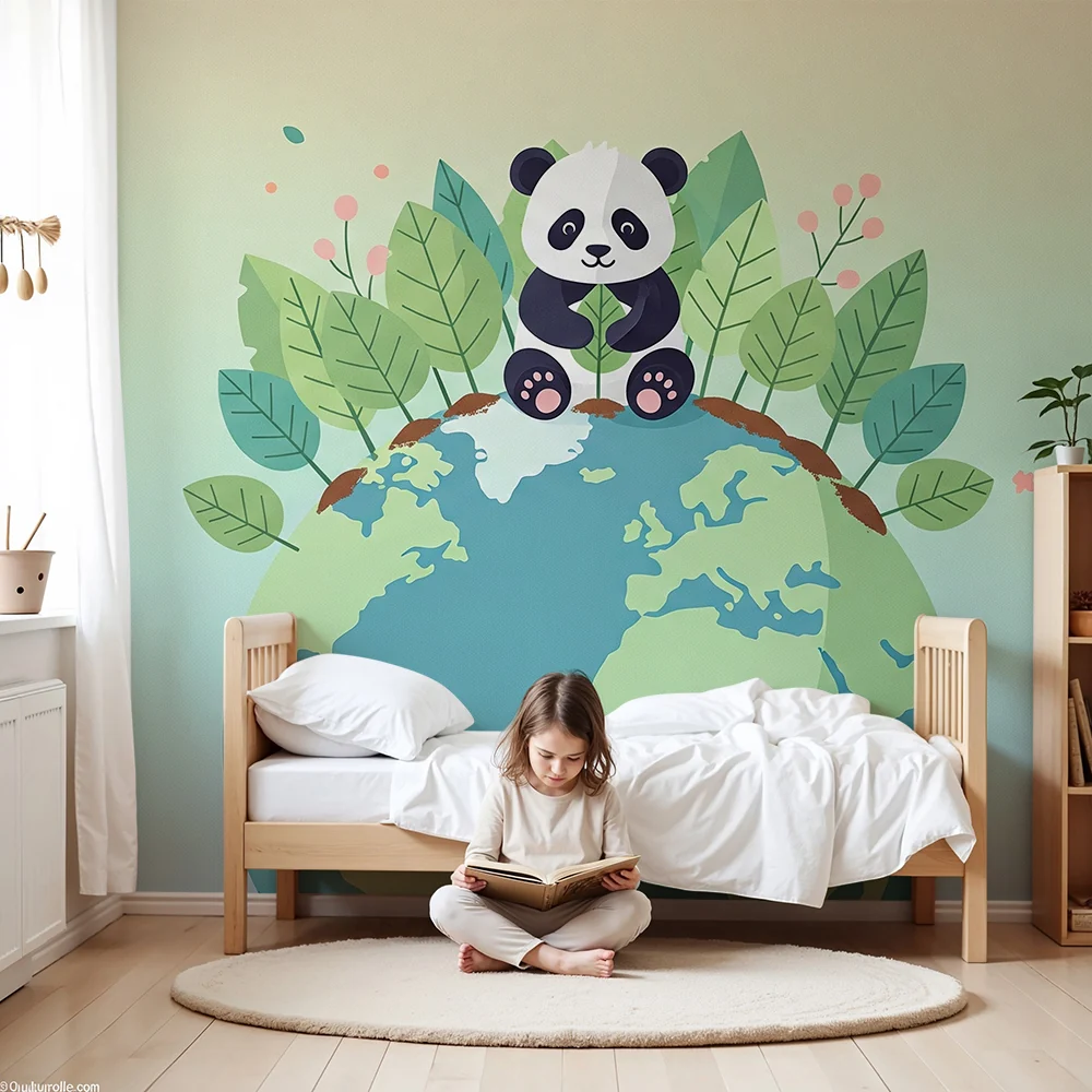 Tapet barnerom | Søt panda på planeten omgitt av løvverk