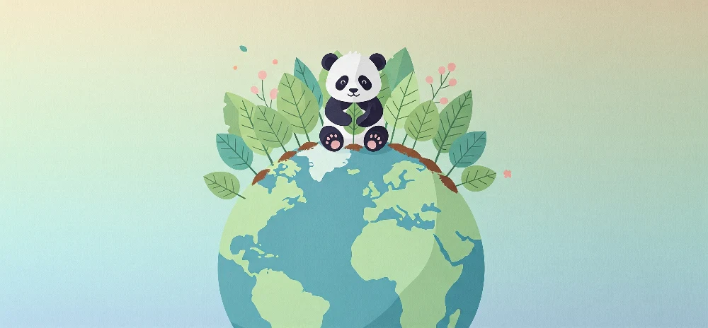 Tapet barnerom | Søt panda på planeten omgitt av løvverk