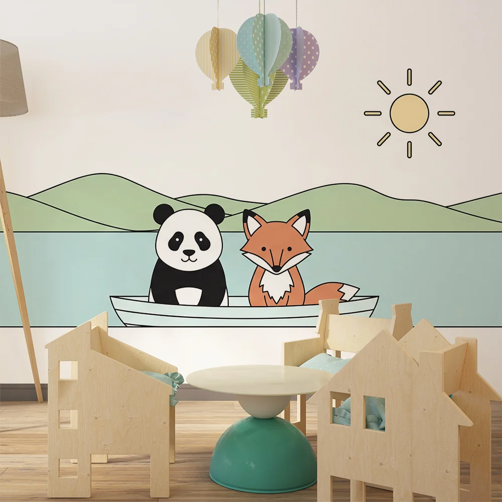 Tapet barnerom | Panda og rev i båt på en fredelig innsjø