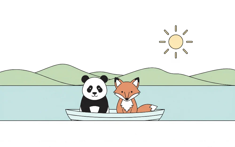Tapet barnerom | Panda og rev i båt på en fredelig innsjø