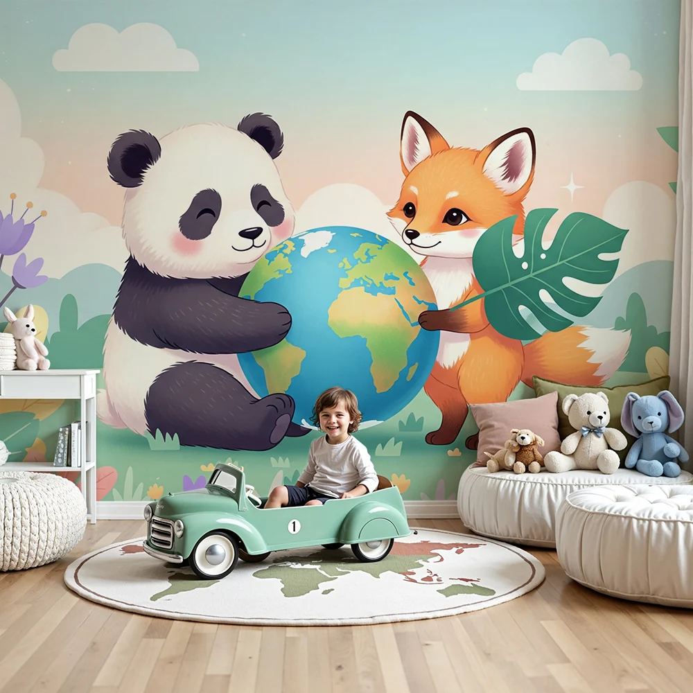 Tapet barnerom | Panda og rev som holder globusen i et blomsterdekor