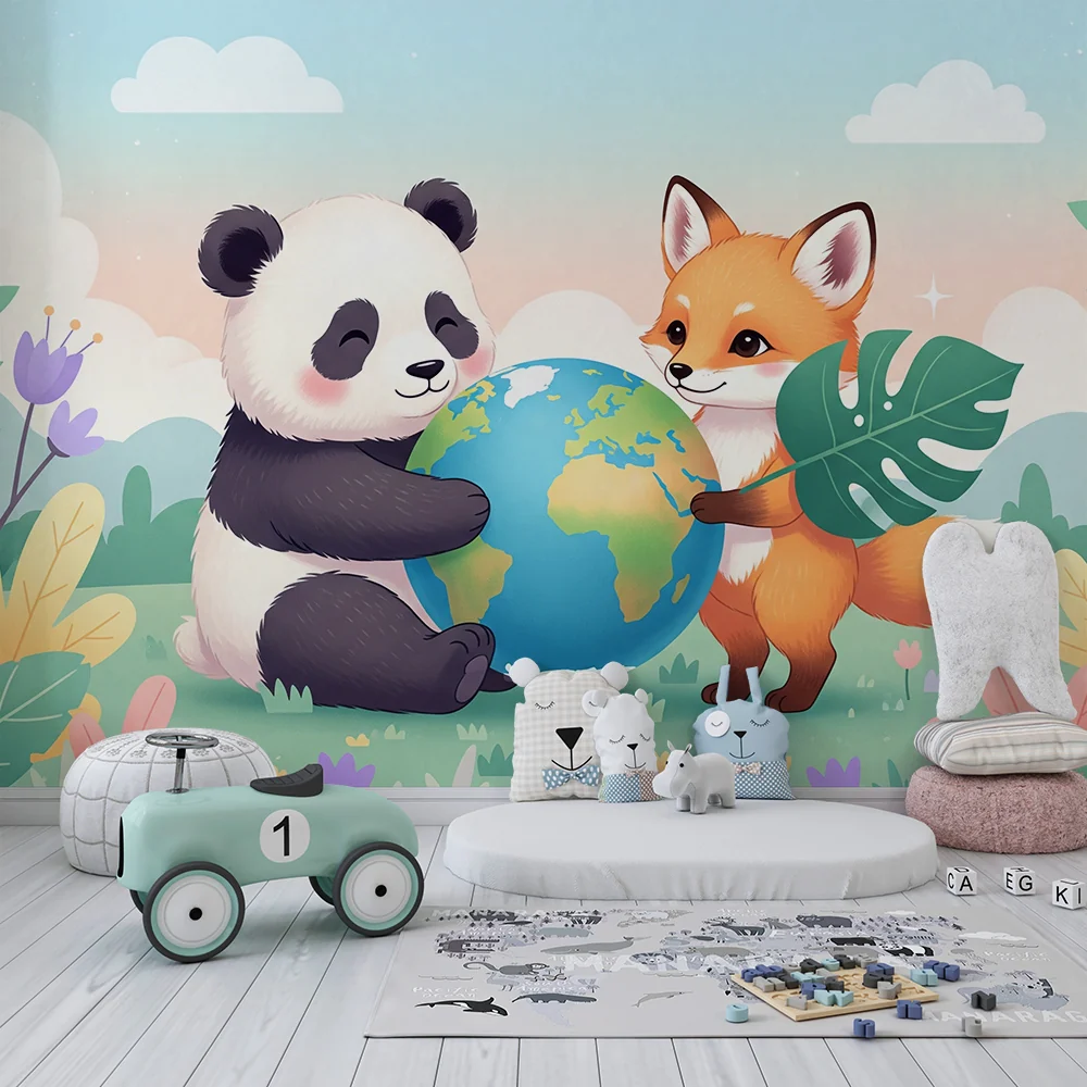 Tapet barnerom | Panda og rev som holder globusen i et blomsterdekor