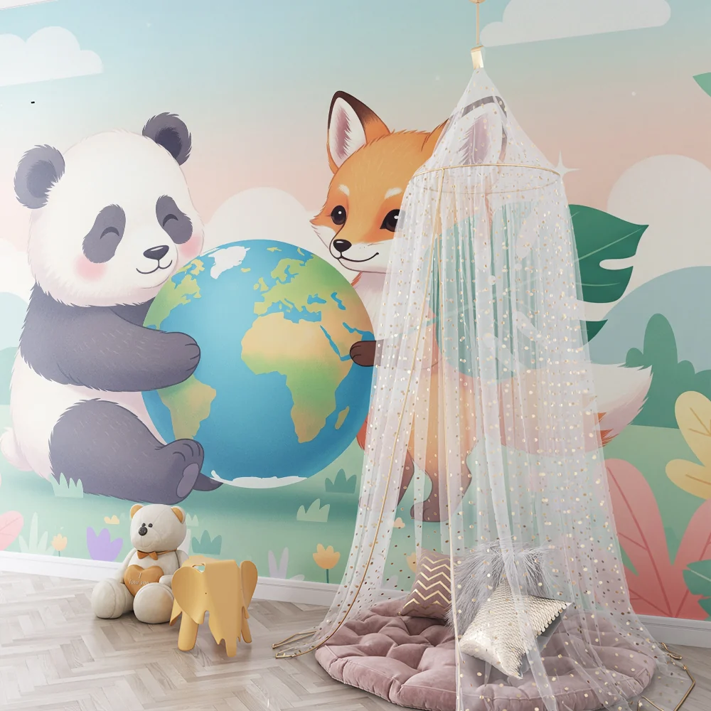 Tapet barnerom | Panda og rev som holder globusen i et blomsterdekor