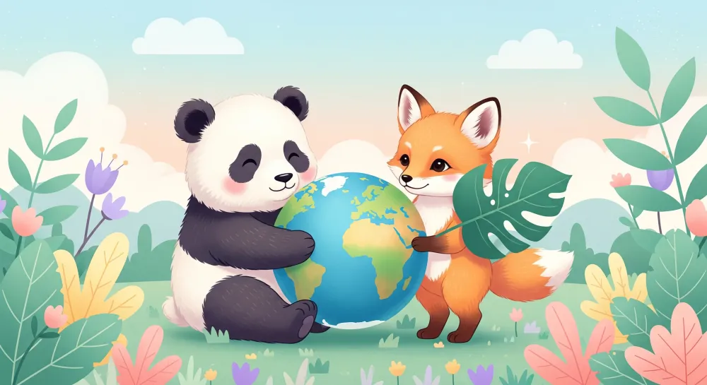 Tapet barnerom | Panda og rev som holder globusen i et blomsterdekor