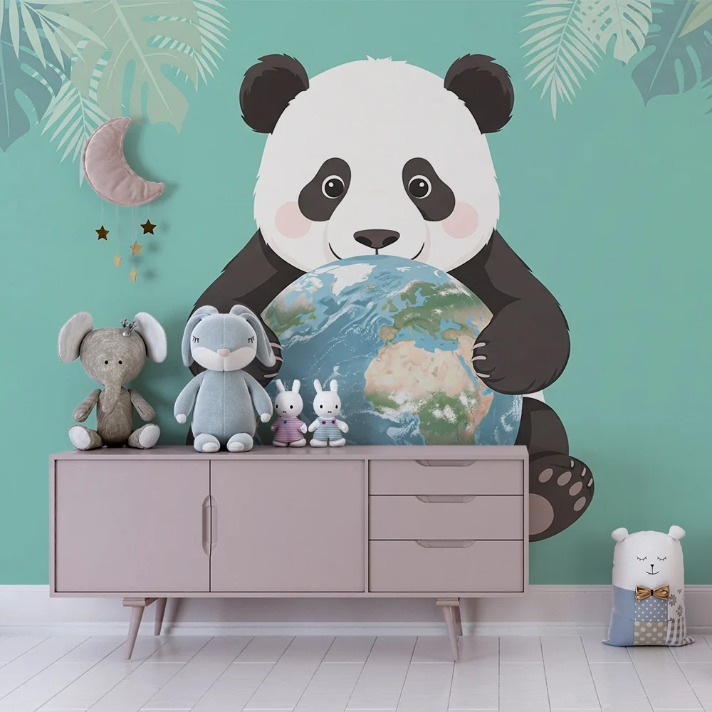 Tapet barnerom | Søt panda som holder jordkloden i en tropisk dekor