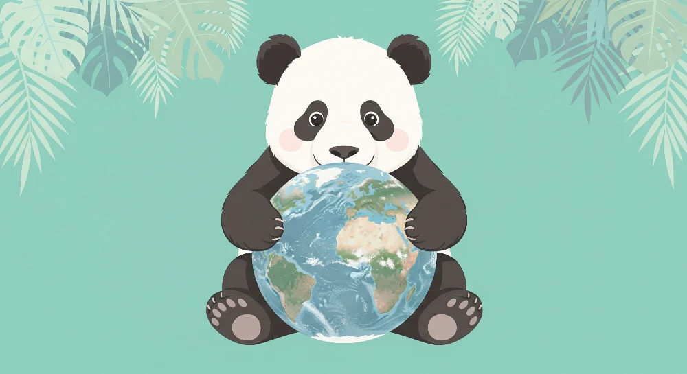 Tapet barnerom | Søt panda som holder jordkloden i en tropisk dekor