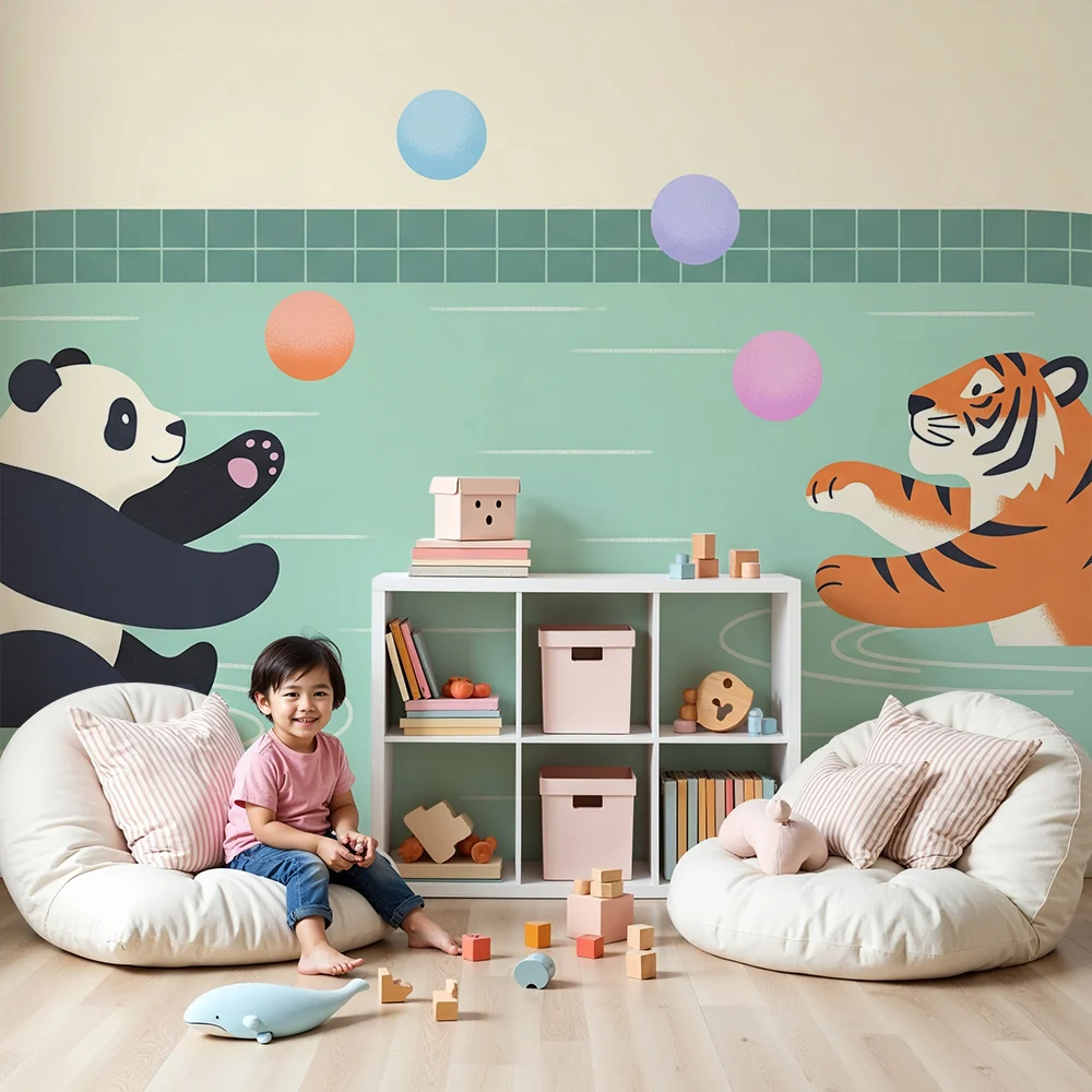 Tapet barnerom | Panda og tiger leker i vannet med fargerike ballonger