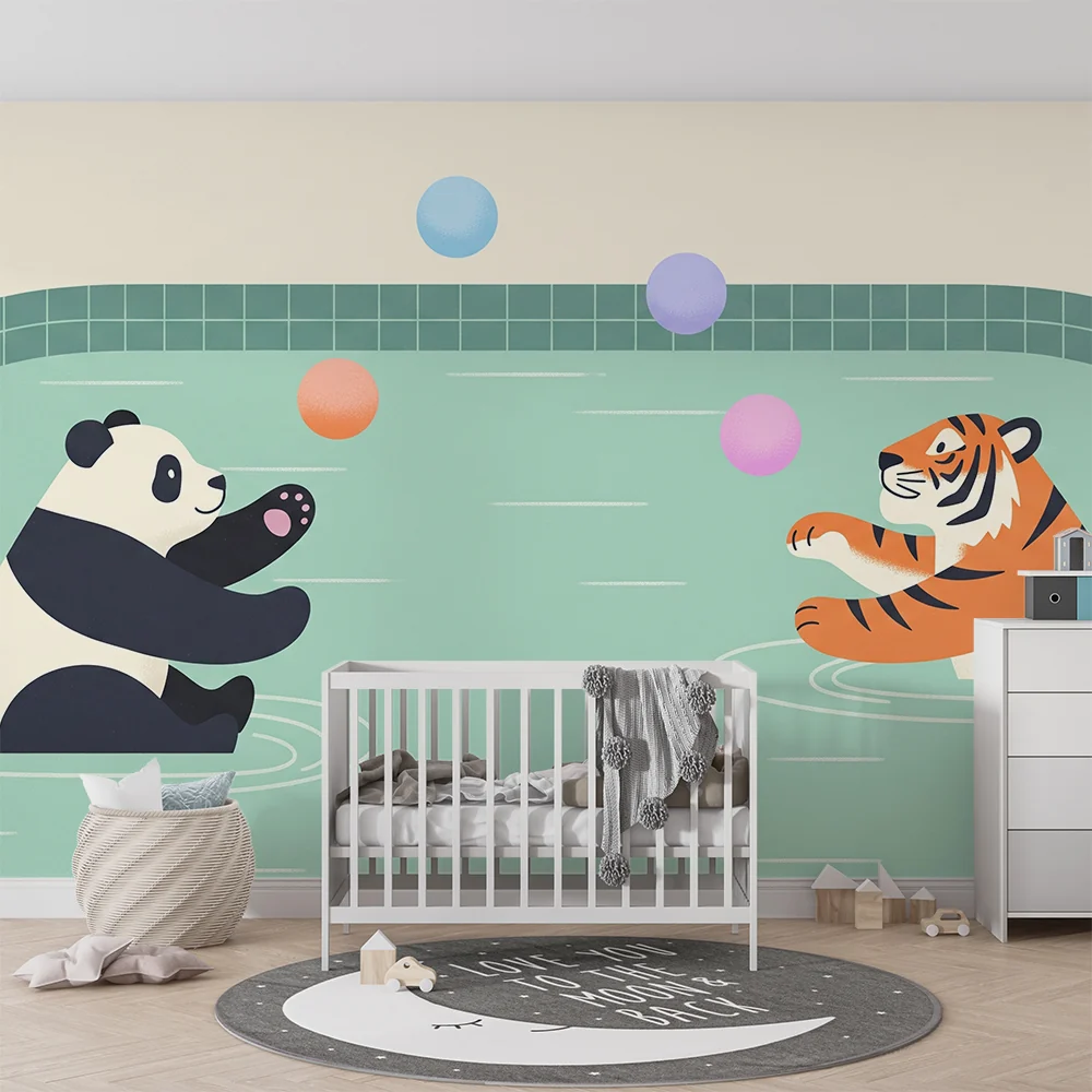 Tapet barnerom | Panda og tiger leker i vannet med fargerike ballonger