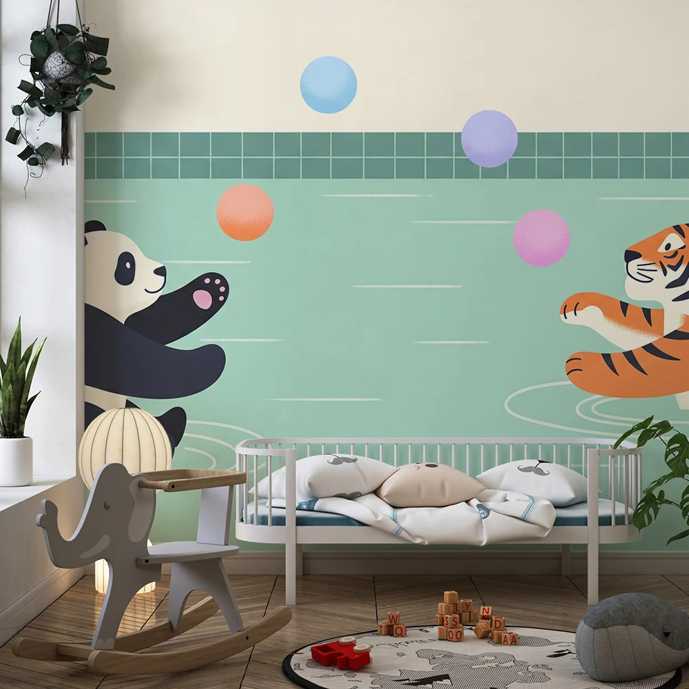 Tapet barnerom | Panda og tiger leker i vannet med fargerike ballonger