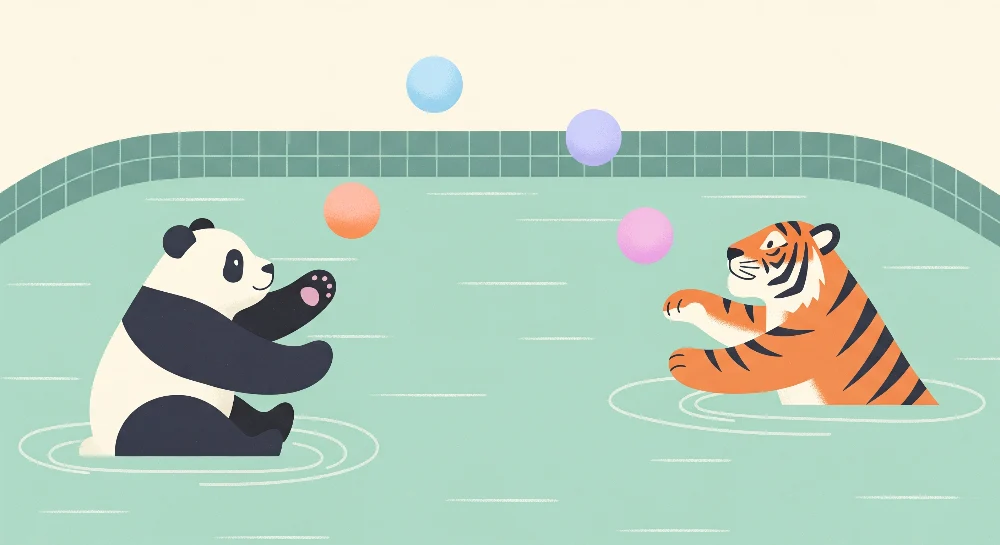 Tapet barnerom | Panda og tiger leker i vannet med fargerike ballonger