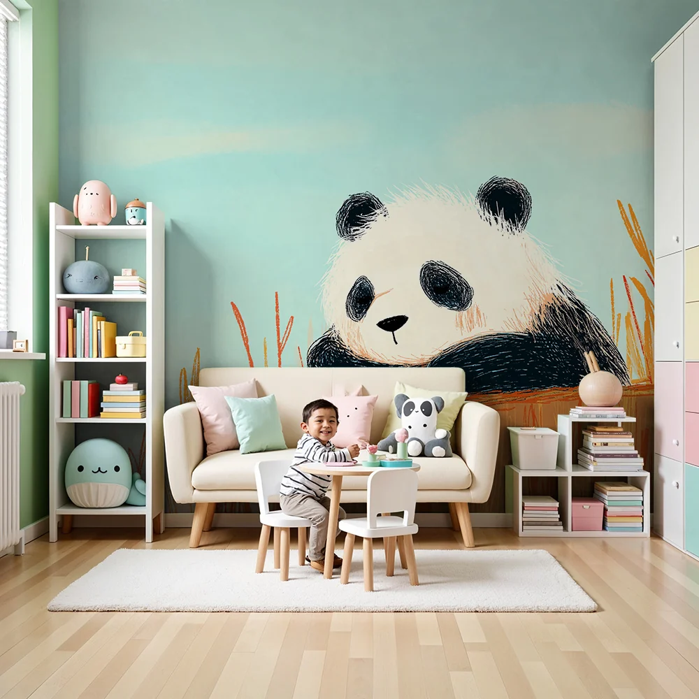 Tapet barnerom | Søt panda på en trestamme omgitt av fargerik vegetasjon