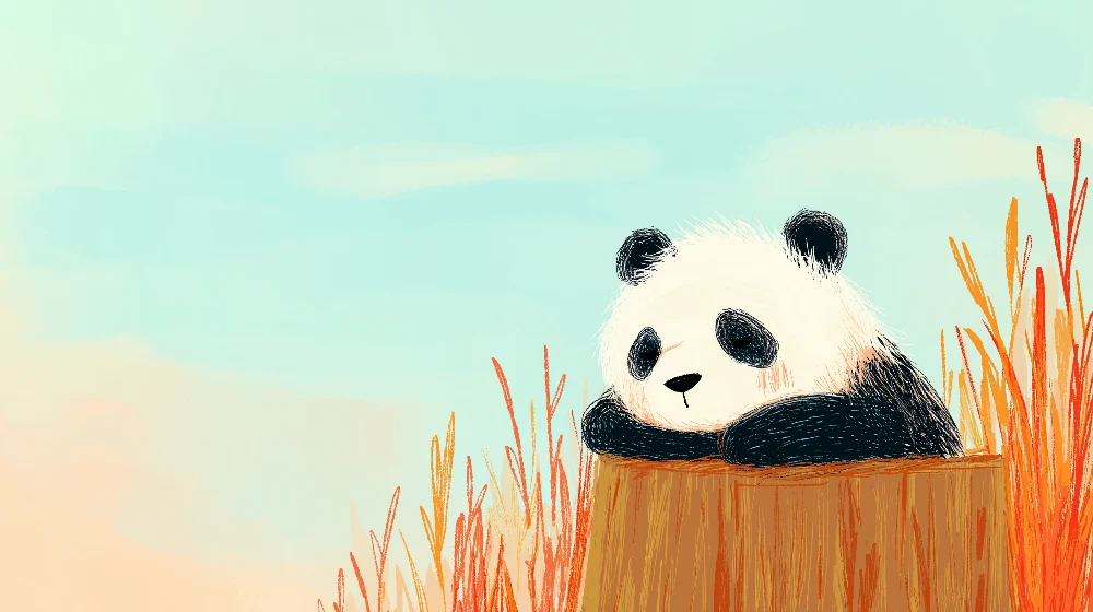 Tapet barnerom | Søt panda på en trestamme omgitt av fargerik vegetasjon