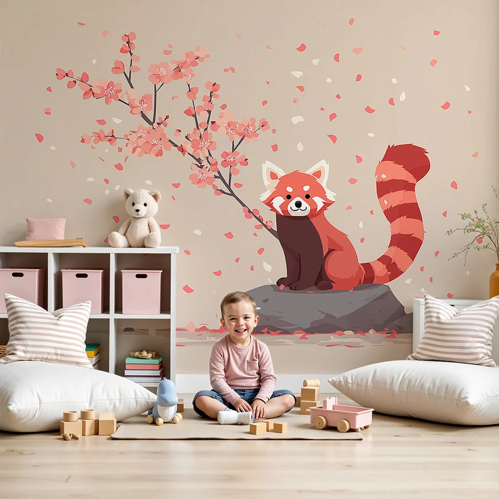 Tapet barnerom | Rød panda under et blomstrende kirsebærtre