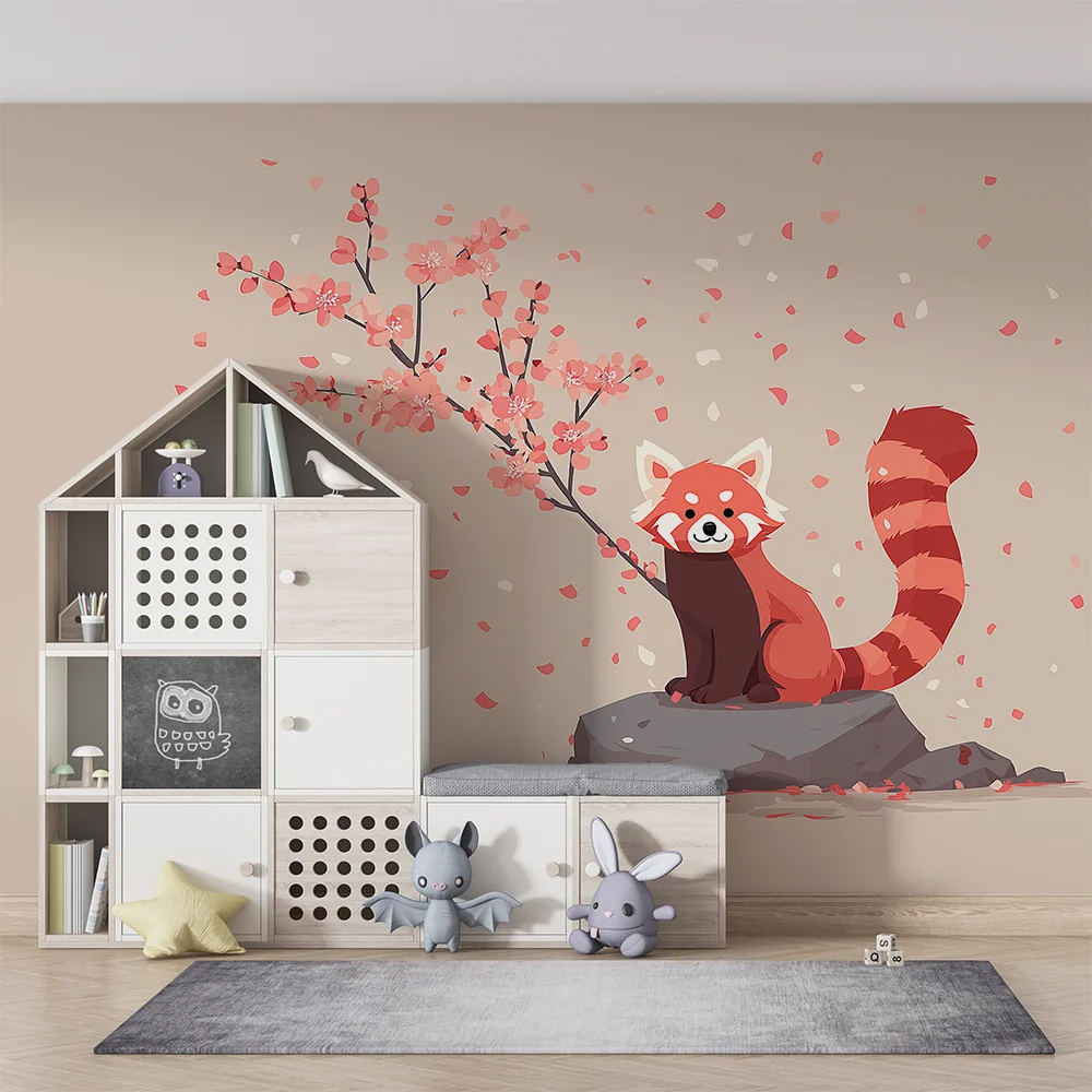 Tapet barnerom | Rød panda under et blomstrende kirsebærtre