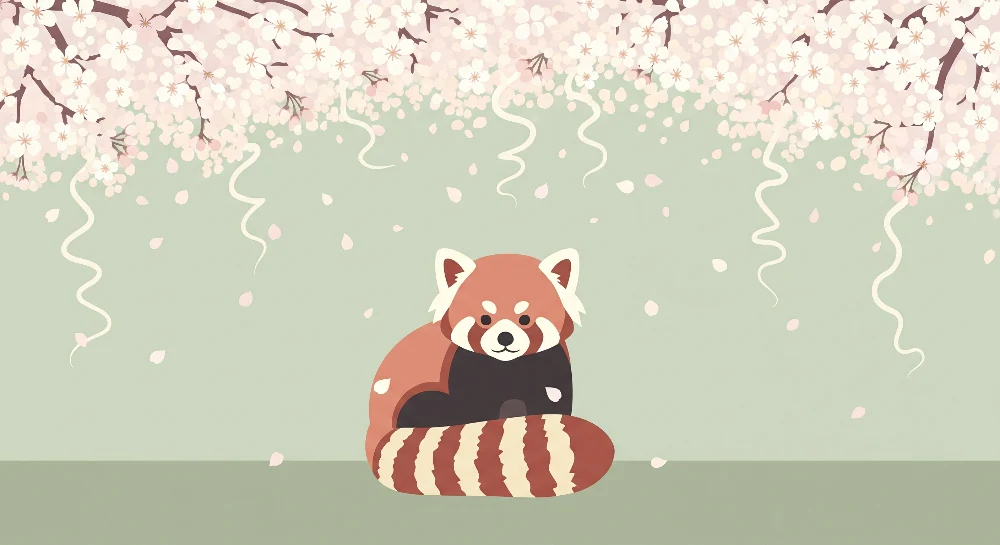 Tapet barnerom | Rød panda under et blomstrende kirsebærtre med en salviegrønn bakgrunn