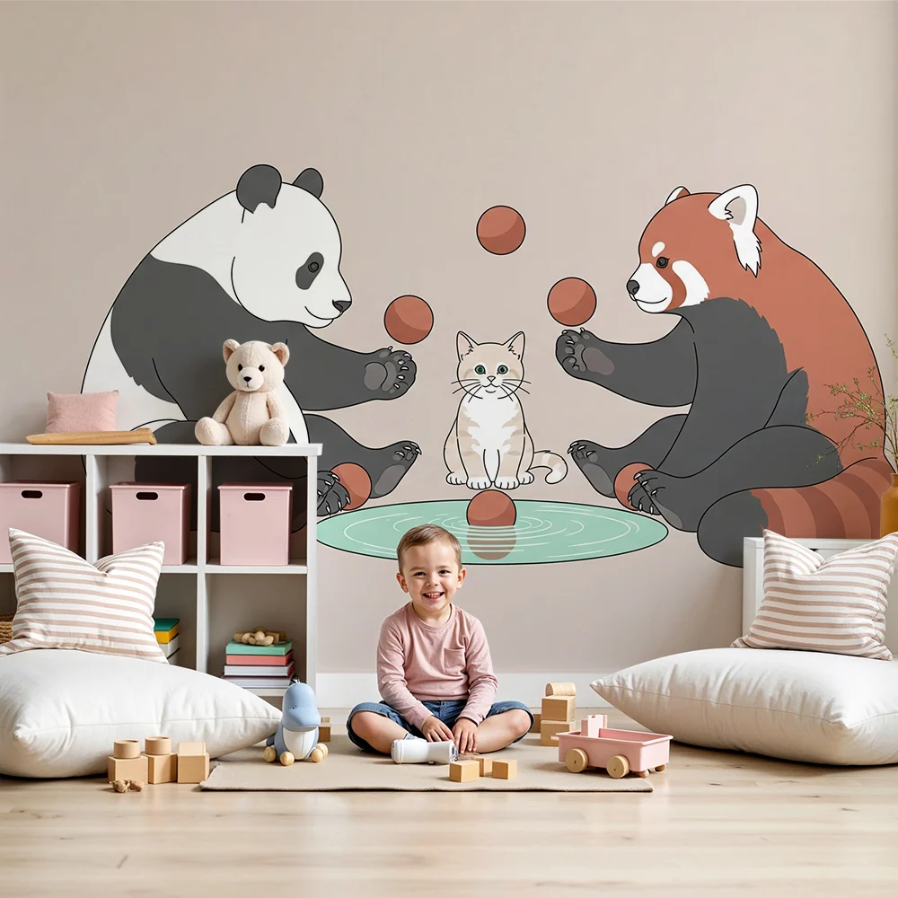 Tapet barnerom | Pandas og liten katt leker med baller