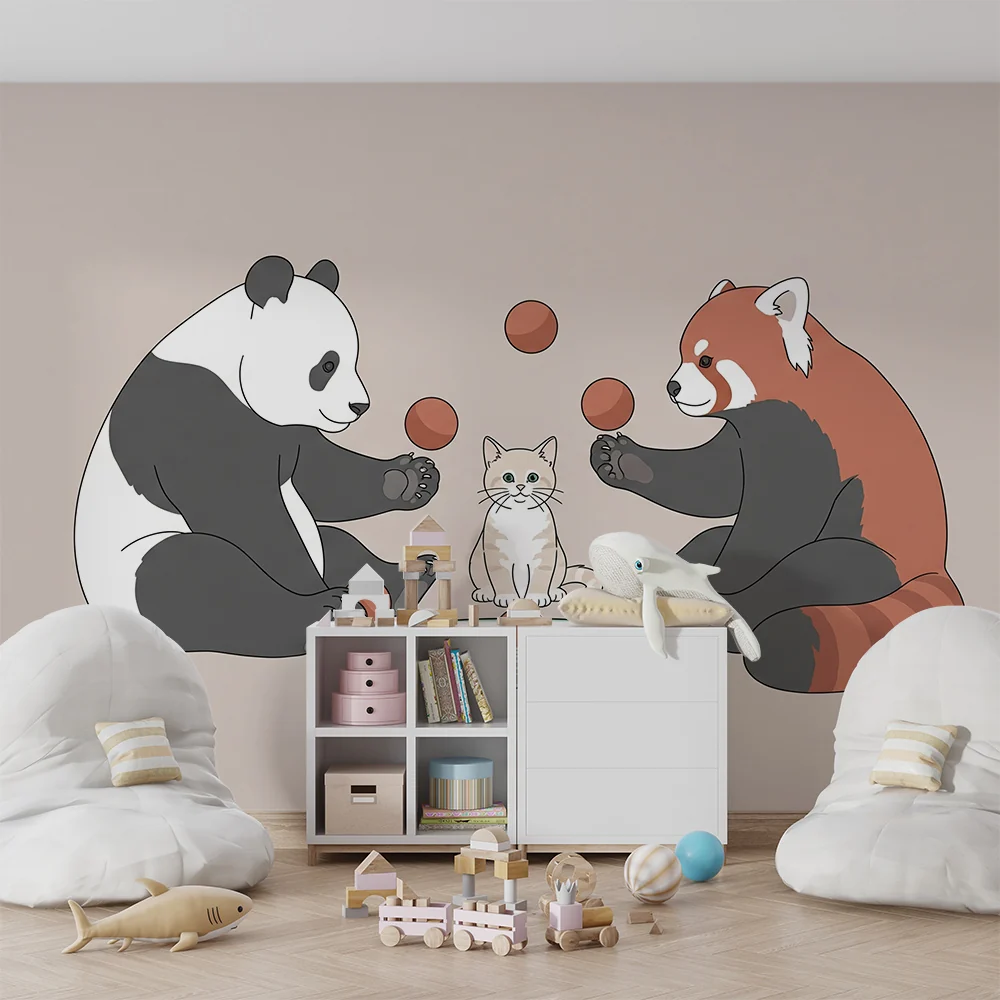 Tapet barnerom | Pandas og liten katt leker med baller