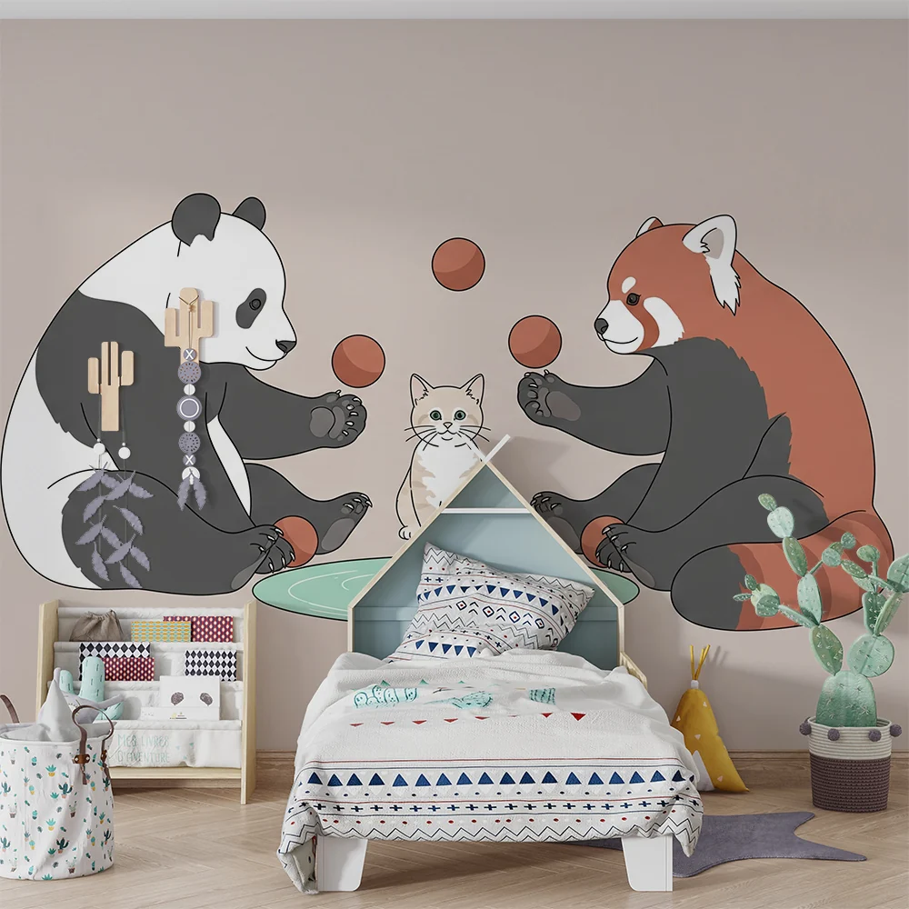 Tapet barnerom | Pandas og liten katt leker med baller