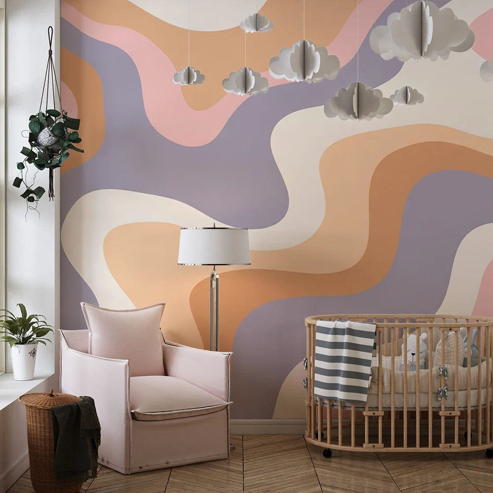 Tapet barnerom | Pastellbølgete mønstre i rosa og beige