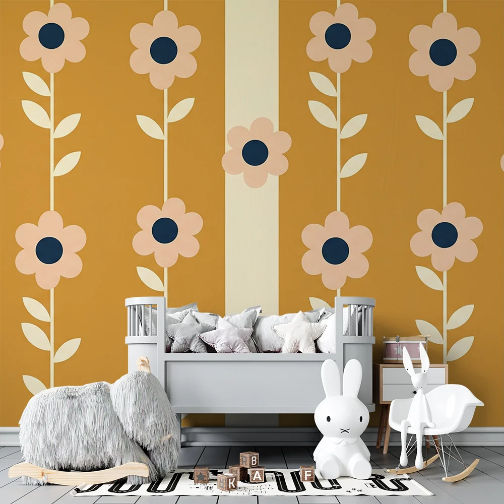 Tapet barnerom | Pastellblomster på sennepbakgrunn med delikat løvverk