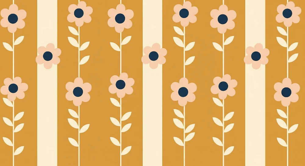 Tapet barnerom | Pastellblomster på sennepbakgrunn med delikat løvverk