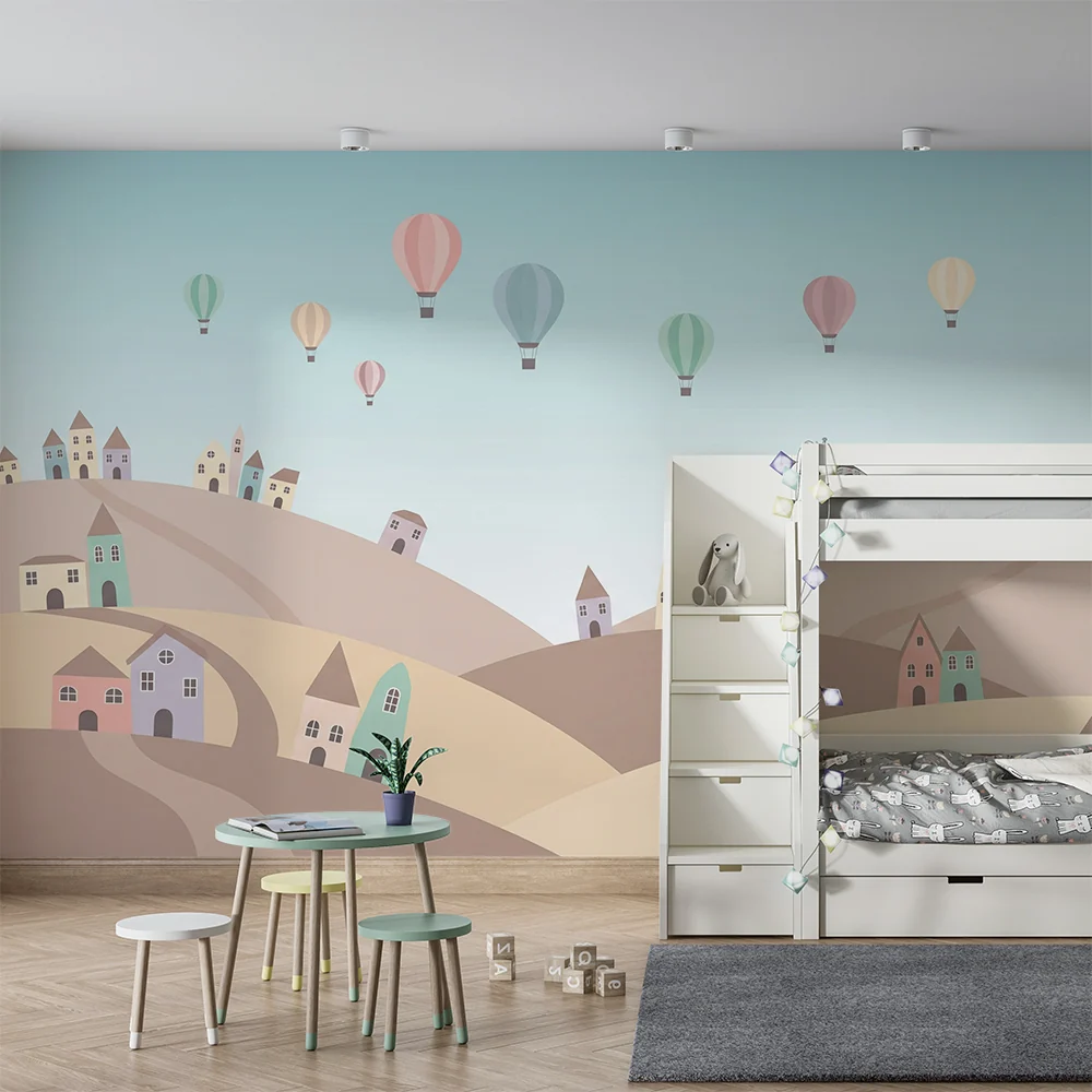 Tapet barnerom | Pastellfargede åser med hus og luftballonger