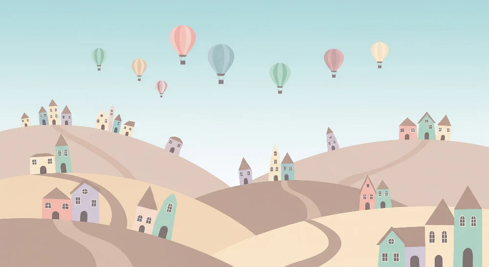 Tapet barnerom | Pastellfargede åser med hus og luftballonger
