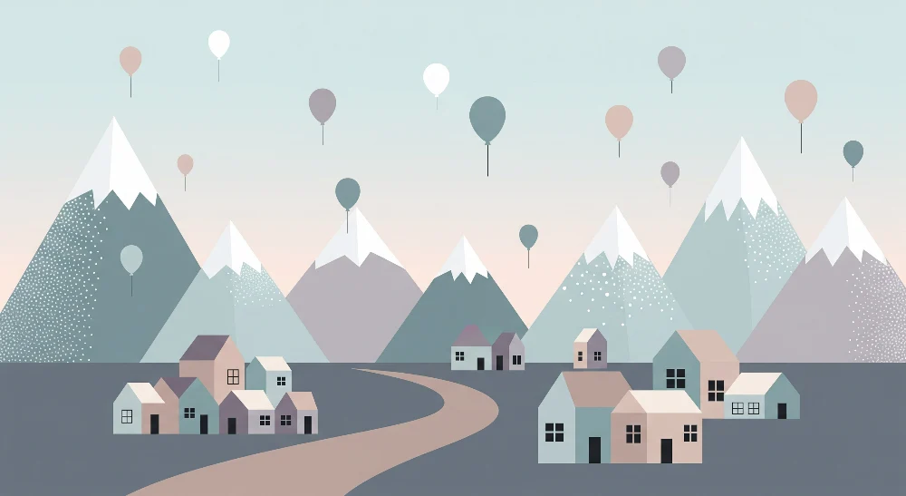 Tapet barnerom | Pastellfjell og flytende ballonger over en landsby