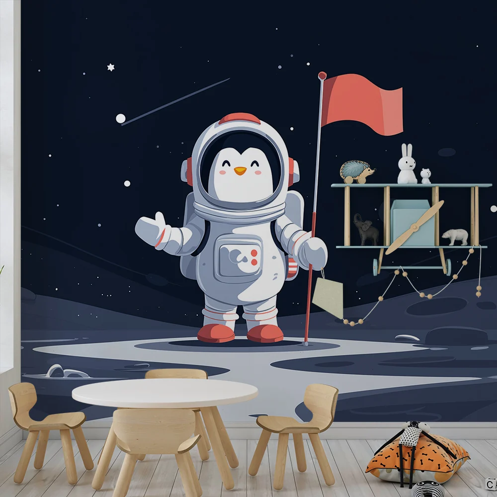 Tapet barnerom | Pingvin astronaut på månen med skinnende stjerner