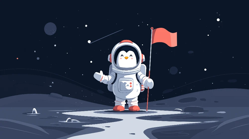 Tapet barnerom | Pingvin astronaut på månen med skinnende stjerner