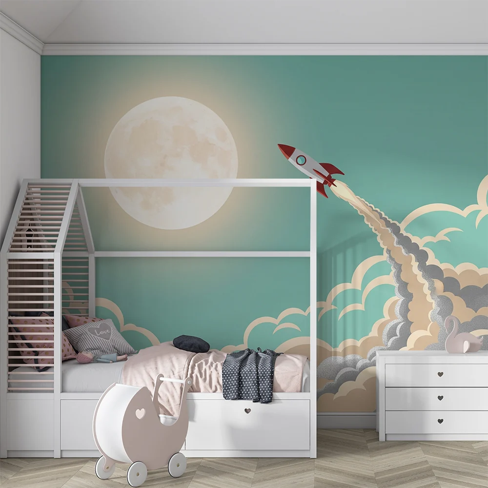 Tapet barnerom | Rakett som flyr mot månen i en stjernehimmel