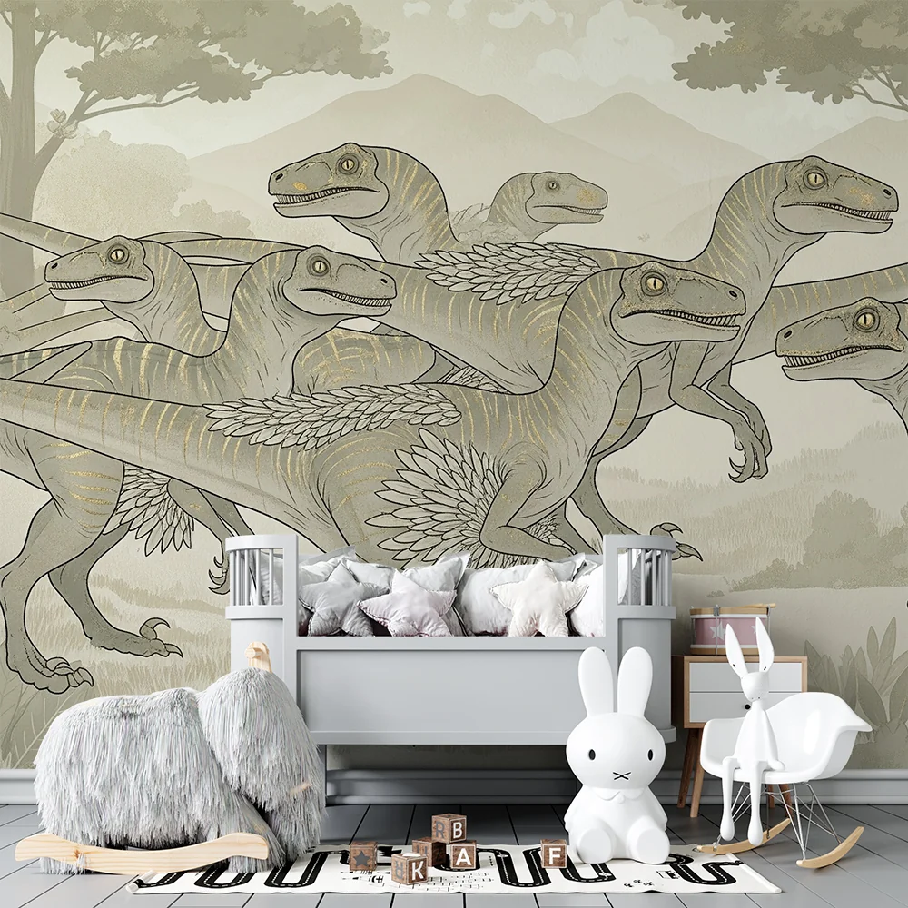Tapet barnerom | Raptor dinosaurus i en prehistorisk landskap