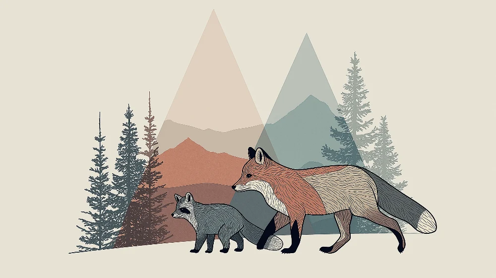 Tapet barnerom | Rever og fjell i en stilisert skog
