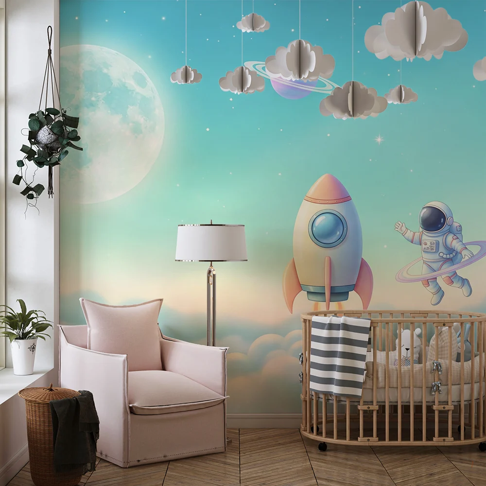 Tapet barnerom | Romferd med rakett og astronaut