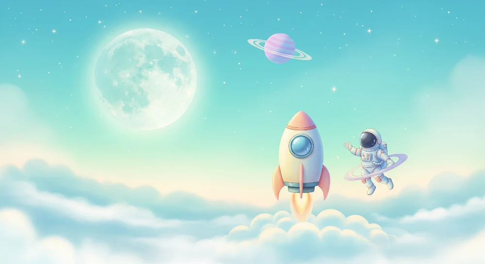 Tapet barnerom | Romferd med rakett og astronaut