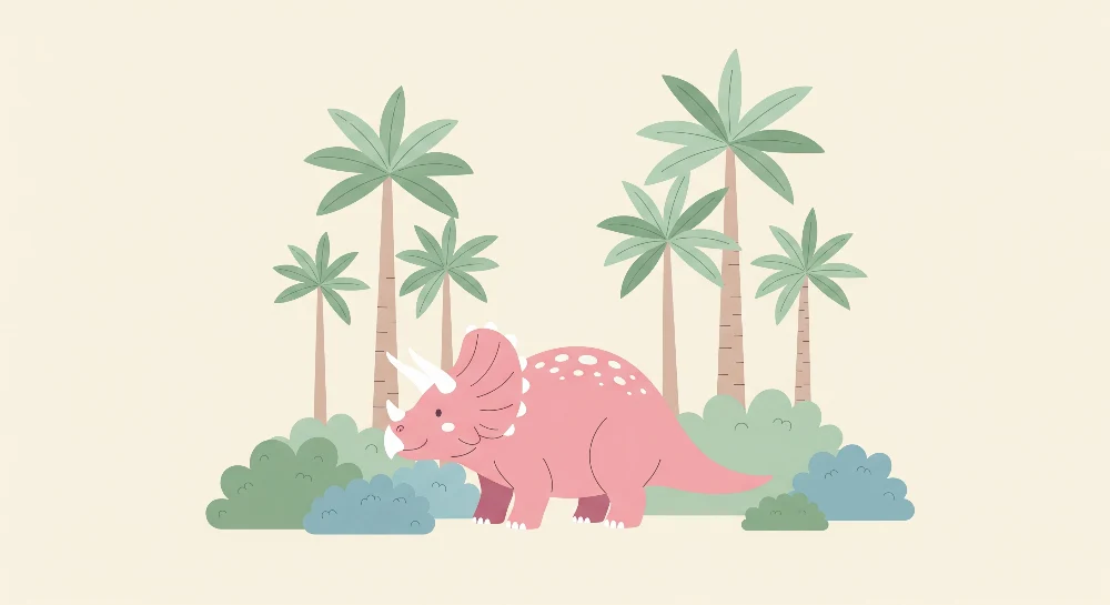 Tapet barnerom | Rosa dinosaur og palmer i en leken dekor