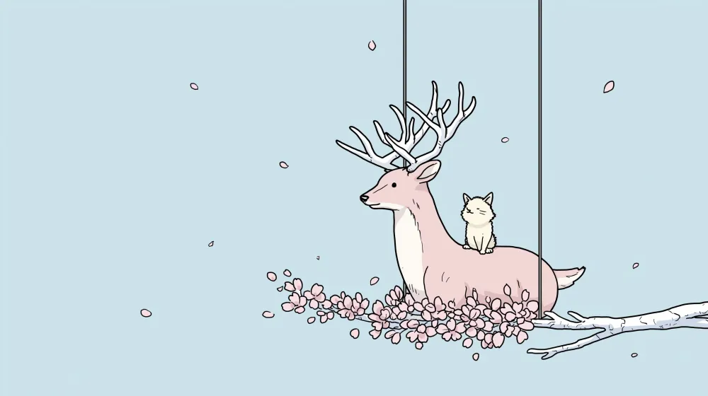 Tapet barnerom | Rosa hjort og kattunge under kirsebærblomstene