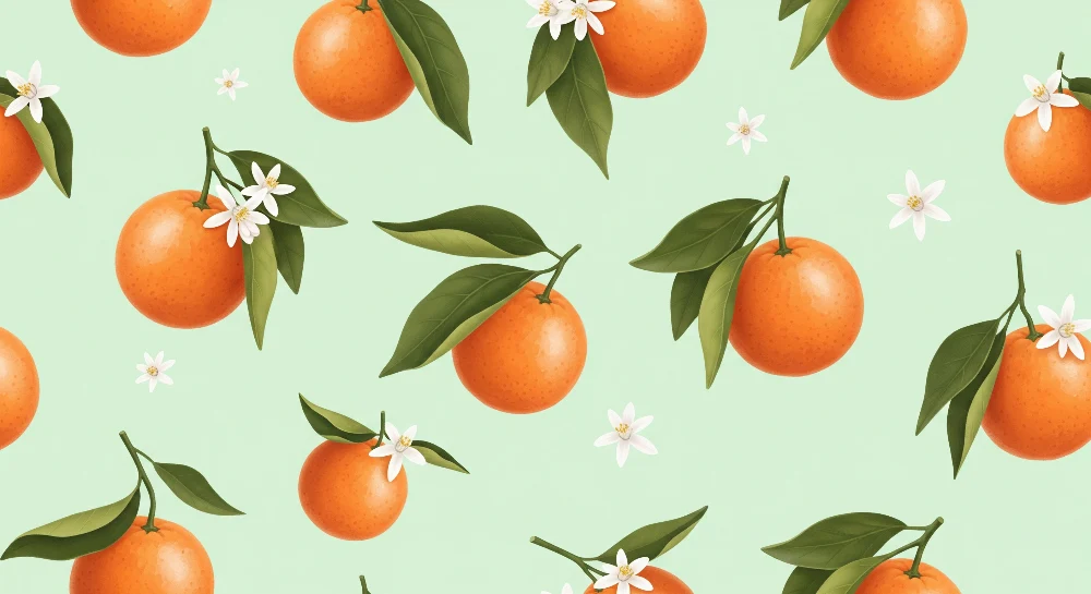 Tapet barnerom | Saftige appelsiner og hvite blomster på mintgrønn bakgrunn