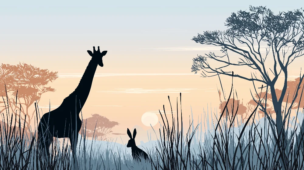 Tapet barnerom | Silhuetter av giraff og kanin ved solnedgang