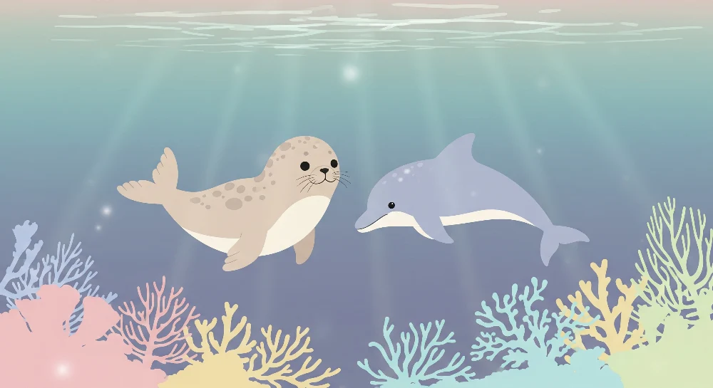 Tapet barnerom | Sjøløve og delfin i en fargerik undervannsverden