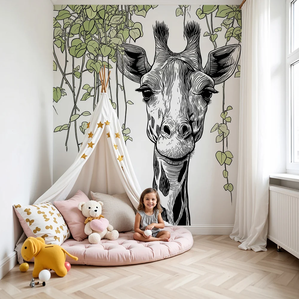 Tapet barnerom | Smilende giraff omgitt av frodige lianer