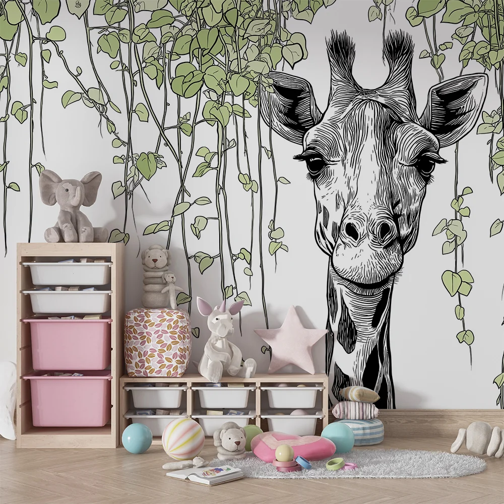 Tapet barnerom | Smilende giraff omgitt av frodige lianer
