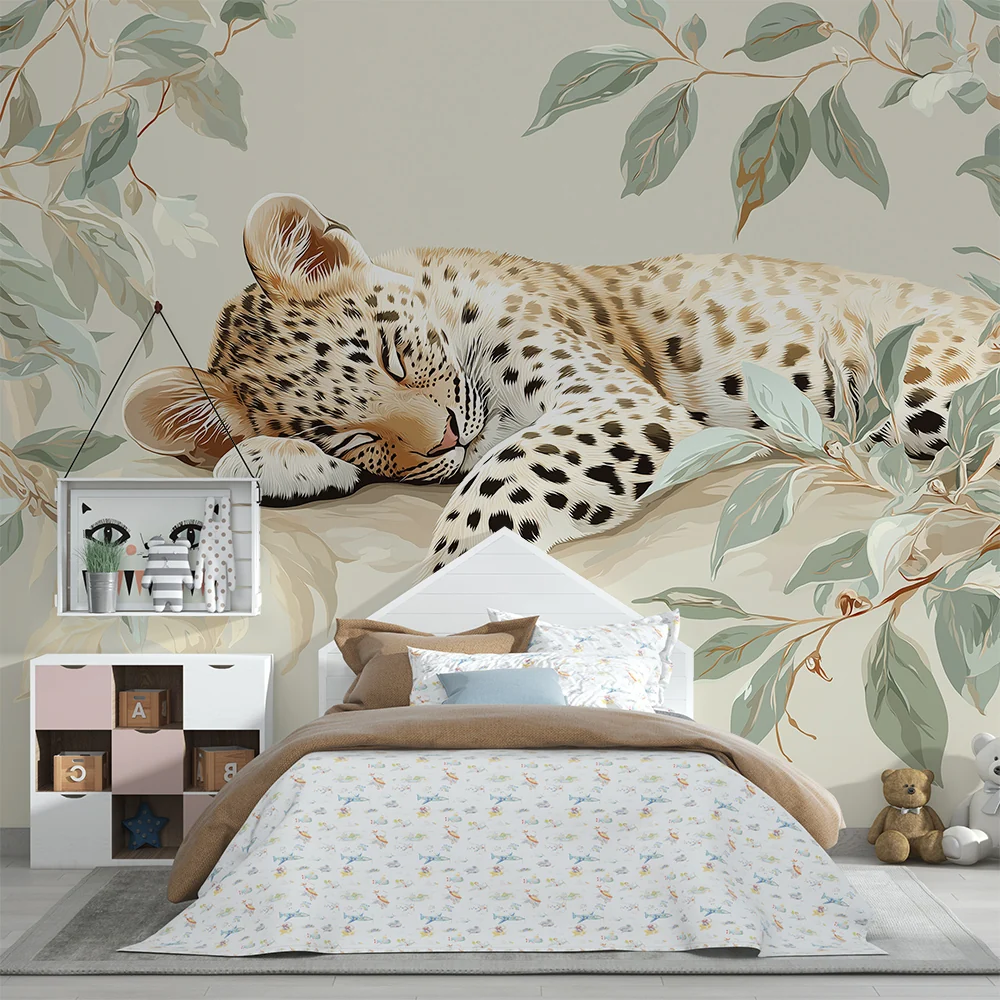 Tapet barnerom | Sove leopard omgitt av beroligende løvverk