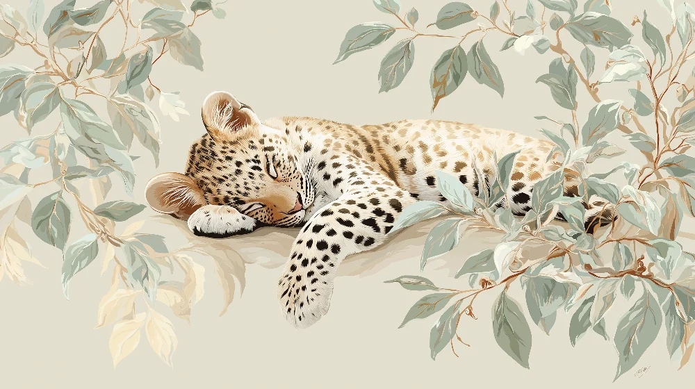 Tapet barnerom | Sove leopard omgitt av beroligende løvverk