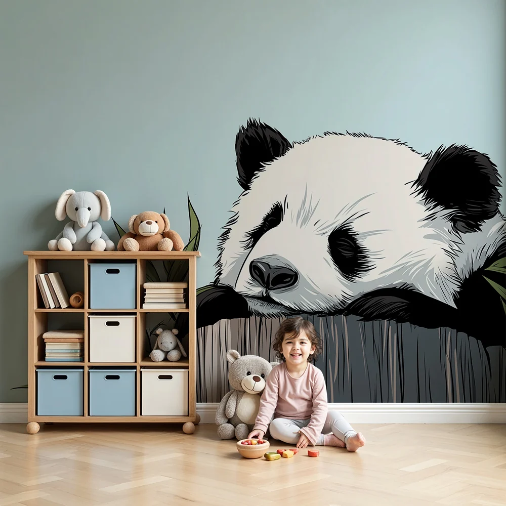 Tapet barnerom | Sovende panda på en stamme med bambusblader