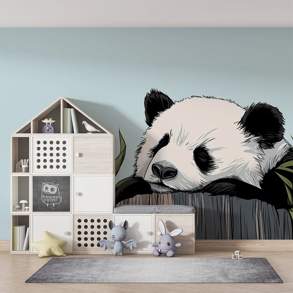 Tapet barnerom | Sovende panda på en stamme med bambusblader