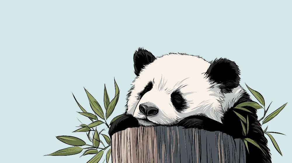 Tapet barnerom | Sovende panda på en stamme med bambusblader