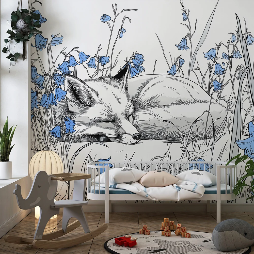 Tapet barnerom | Sovende rev blant blå blomster