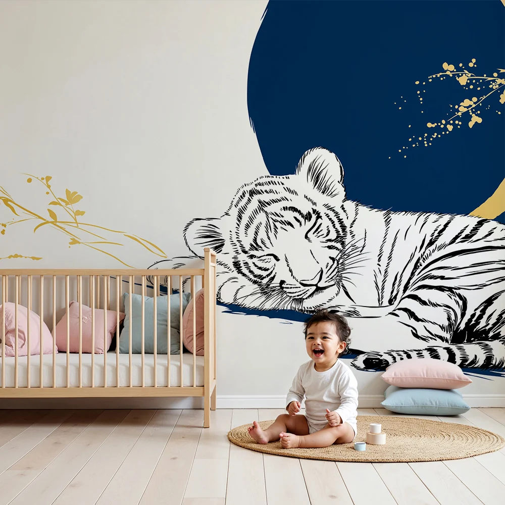 Tapet barnerom | Sovende tiger med gyldne blomstermotiver