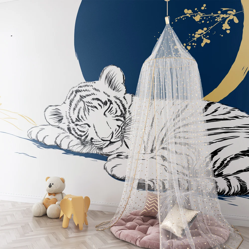 Tapet barnerom | Sovende tiger med gyldne blomstermotiver